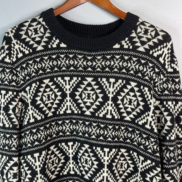 H&M 90s Vibe Wool Blend Nordic Pattern Knit Sweater Black White Round Neck L - Picture 3 of 10